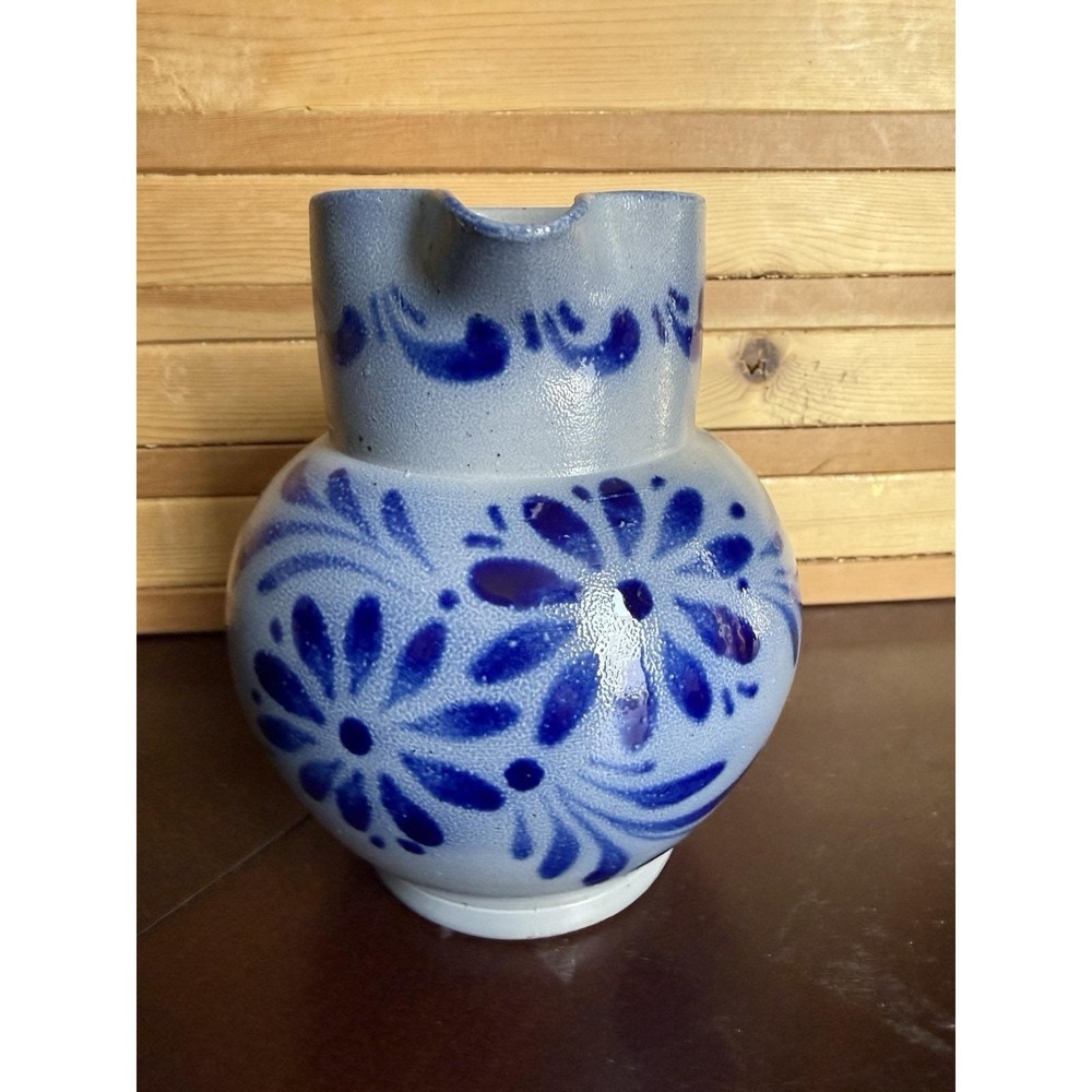 Vintage Betschdorf Alsace Salt Glaze Cobalt Blue Floral Pitcher Schmitter-Burger